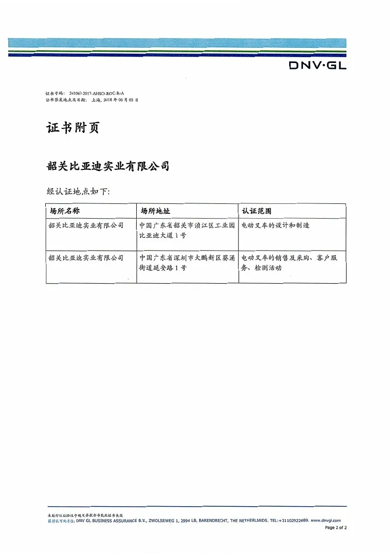 BYD Forklift OHSAS18001:2007 Occupational Health and Safety Management System Certification(Image1) BYD Forklift OHSAS18001:2007 Occupational Health and Safety Management System Certification(Image1)